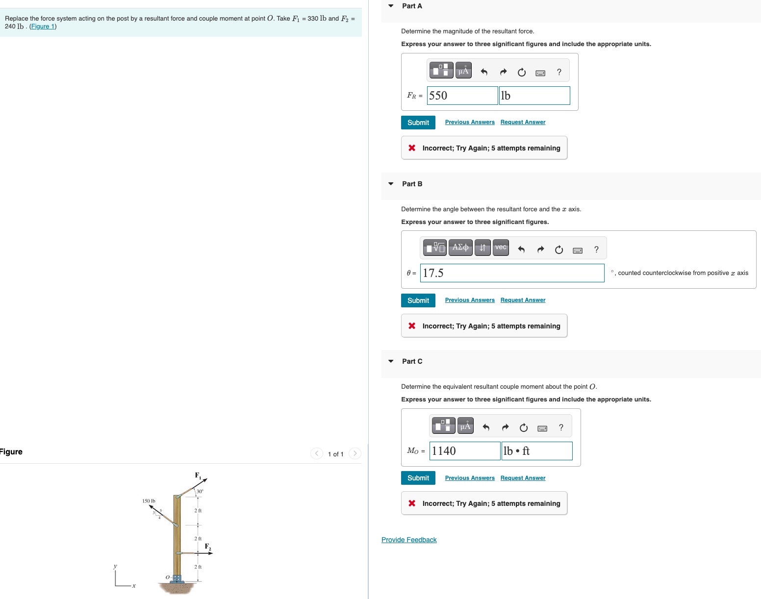 Replace the force system acting on the post by a