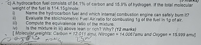 c ) A hydrocarbon fuel consists of 8 4 . 1 % of