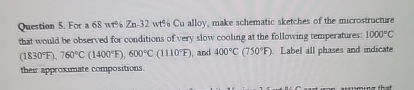 Question 5 . For a 6 8 wt % Z n - 3 2 w t % C u
