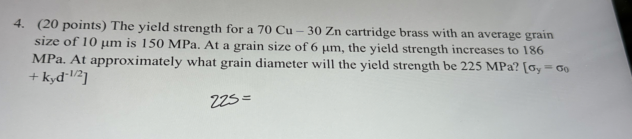 ( 2 0 points ) The yield strength for a 7 0 C u -