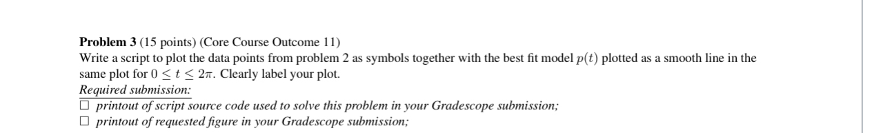 Problem 3 ( 1 5 points ) ( Core Course Outcome 1