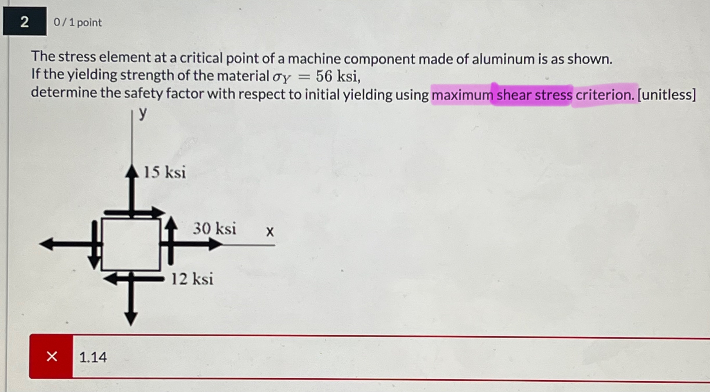 2 0 / 1 point The stress element at a critical