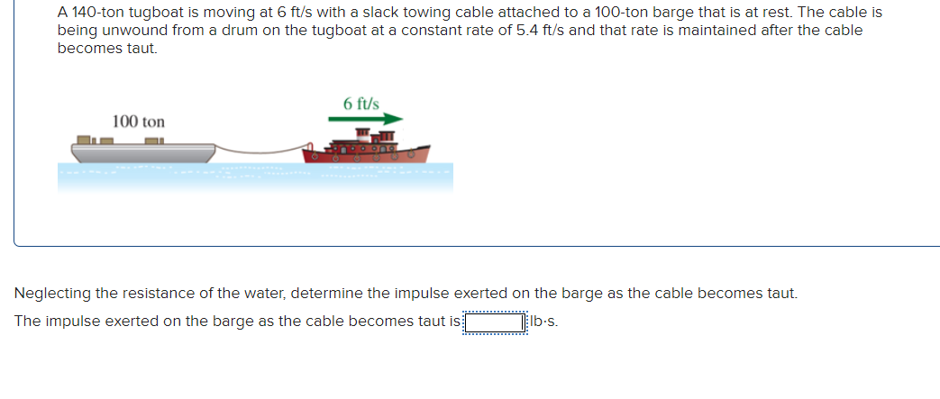 A 1 4 0 - ton tugboat is moving at 6 f t s with a