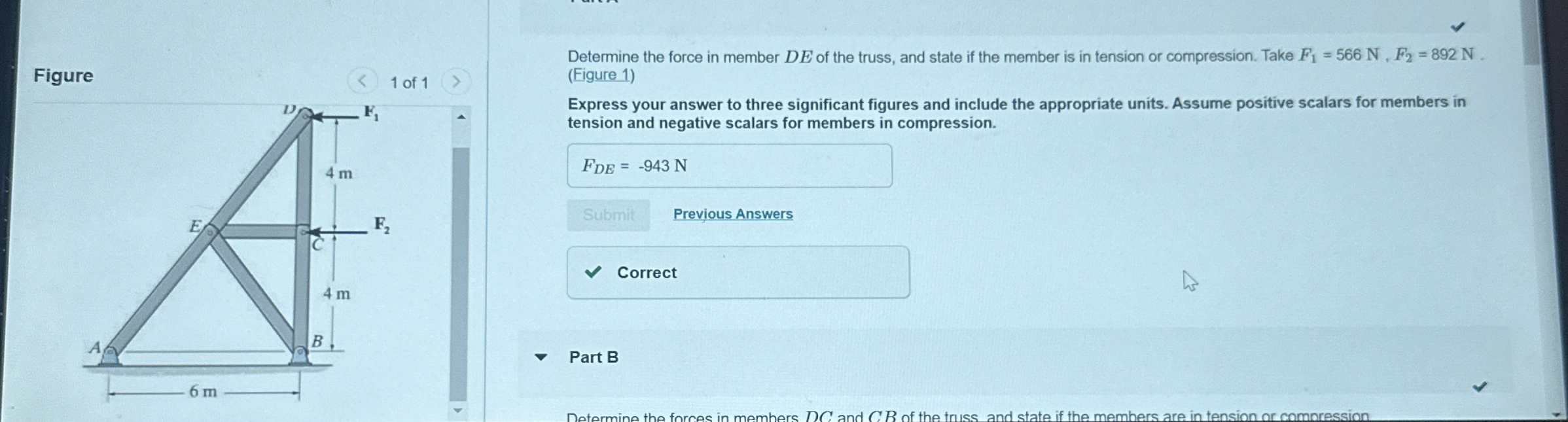 Figure 1 of 1 Determine the force in member D E
