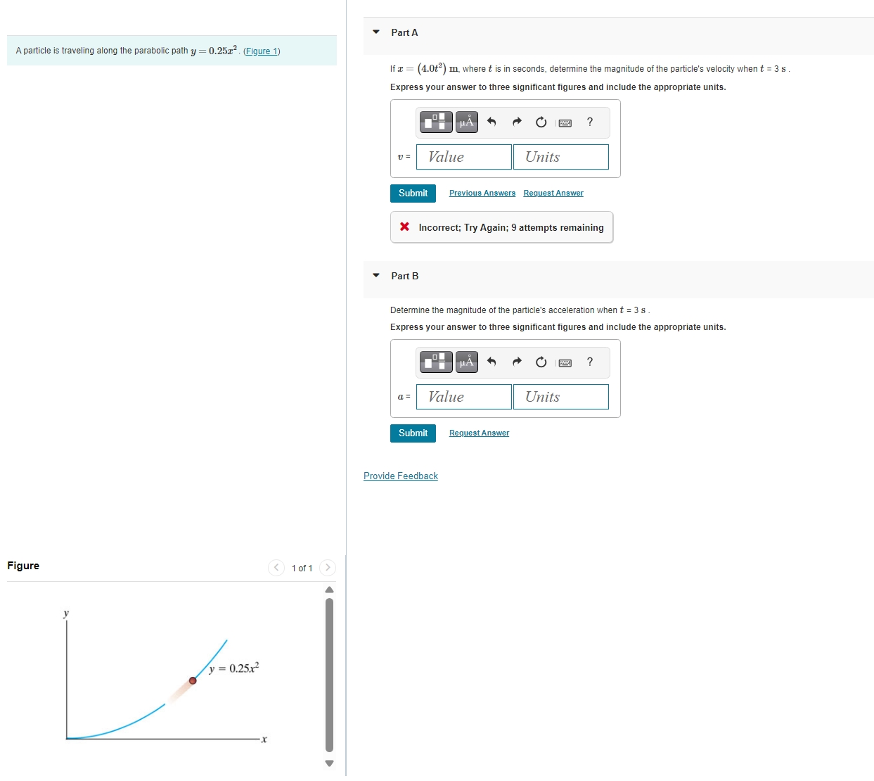 A particle is traveling along the parabolic path