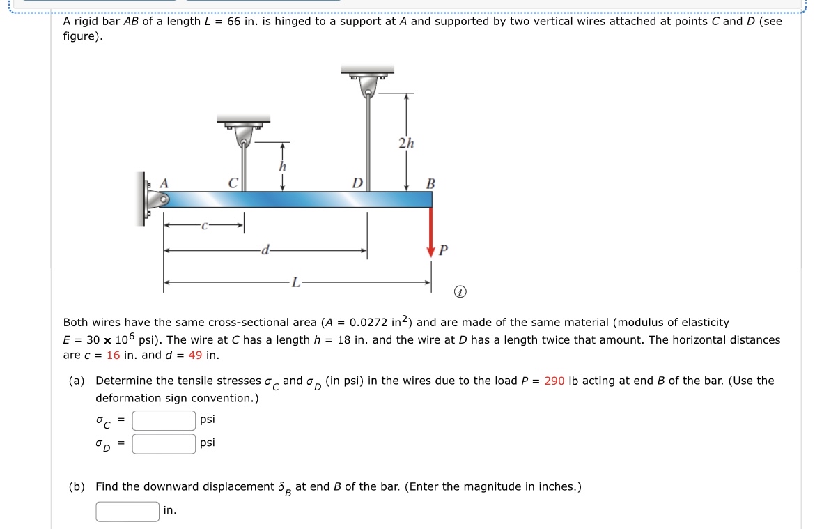 A rigid bar A B of a length L = 6 6 in . is
