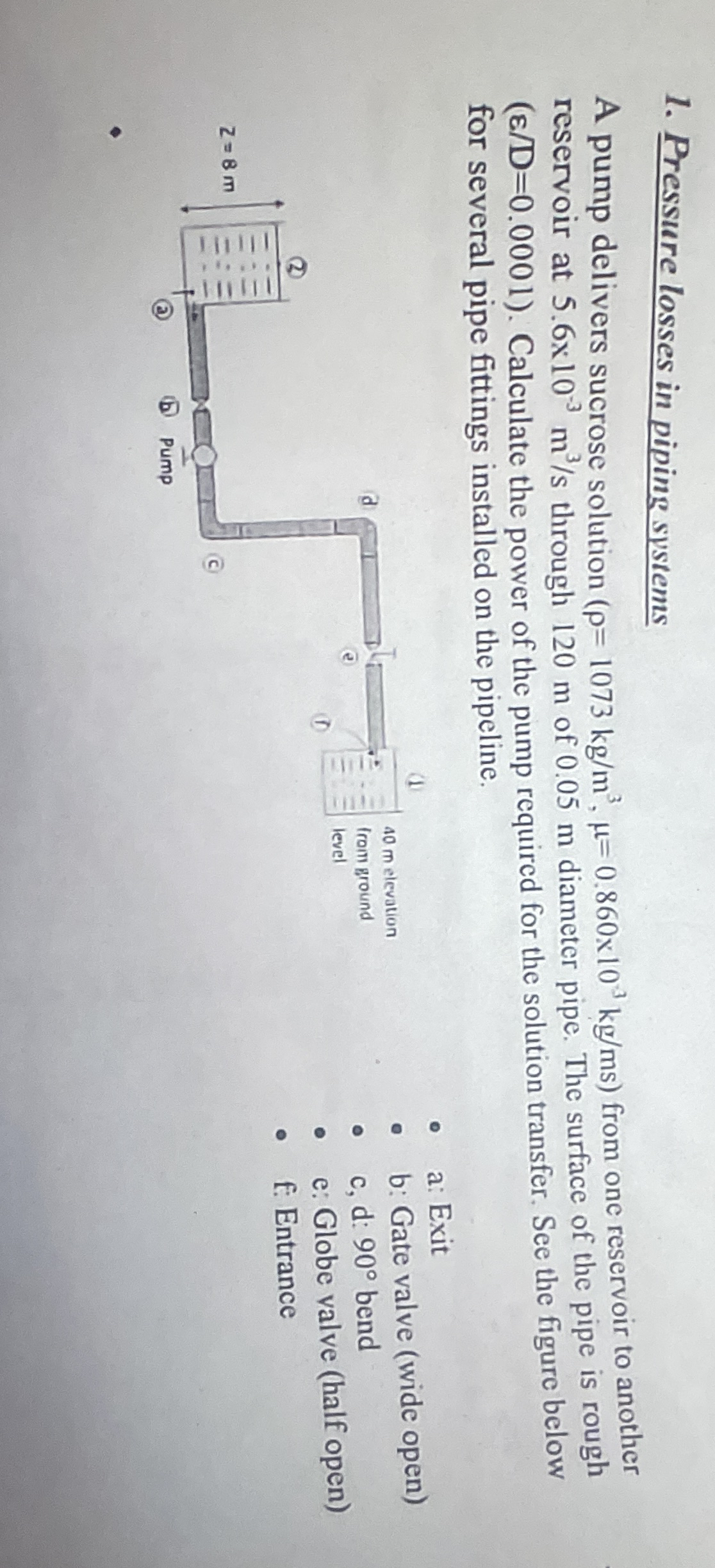 Pressure losses in piping systems A pump delivers
