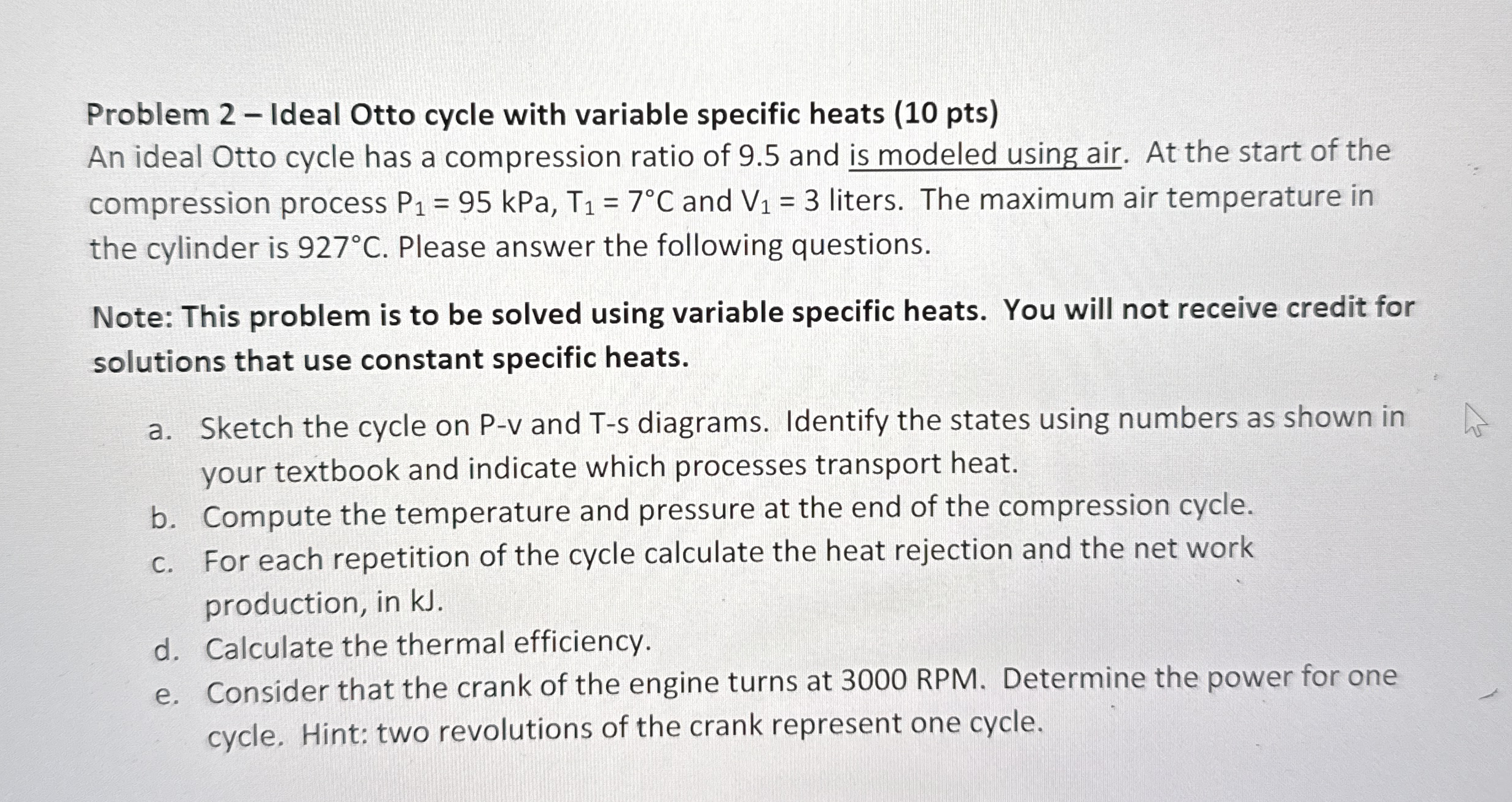 Problem 2 - Ideal Otto cycle with variable