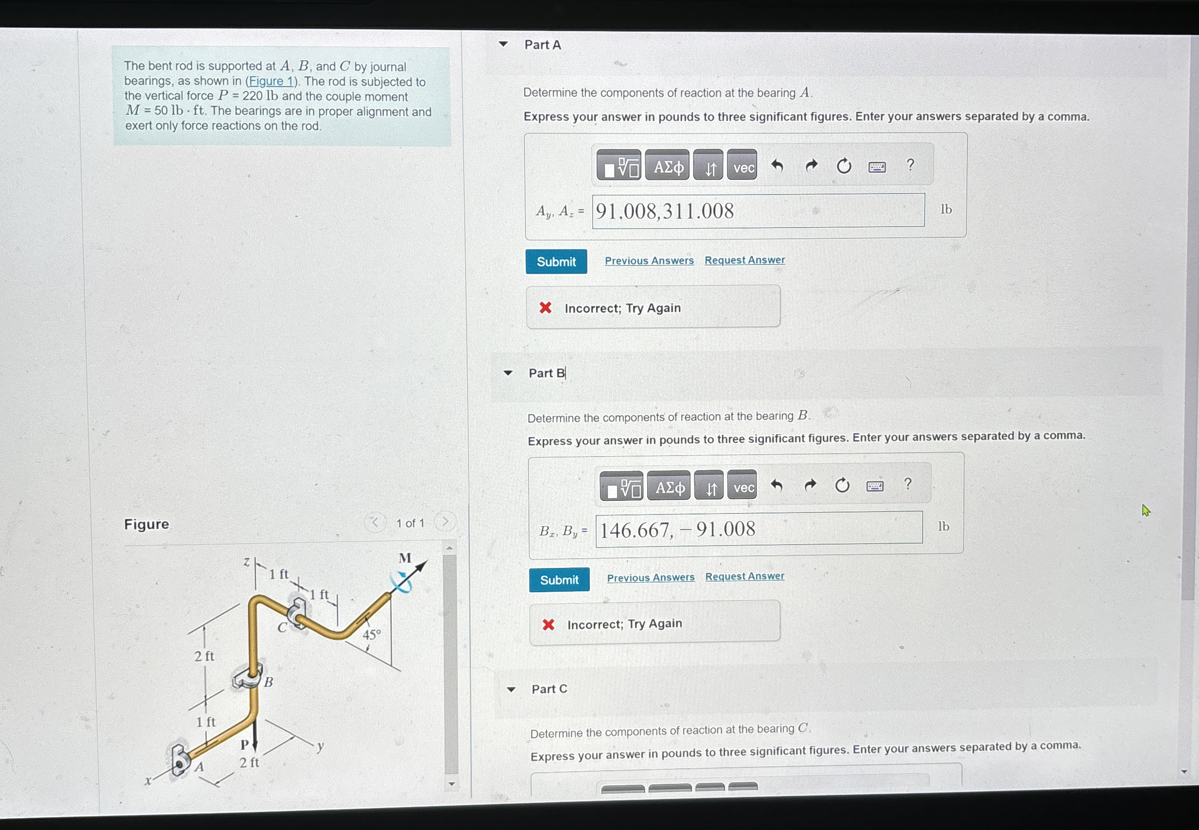 The bent rod is supported at A , B , and C by