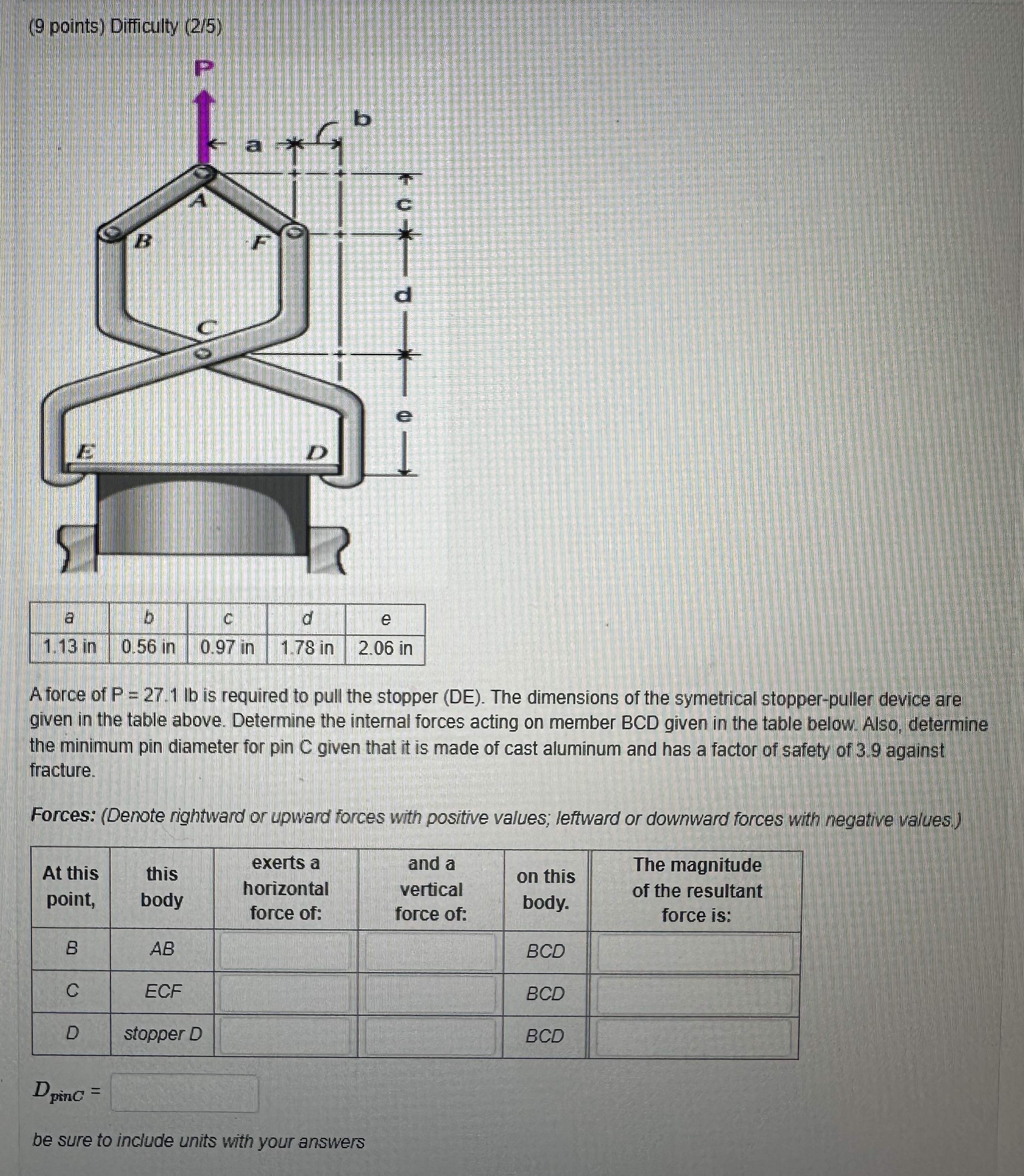 ( 9 points ) Difficulty ( 2 / 5 ) A force of P =