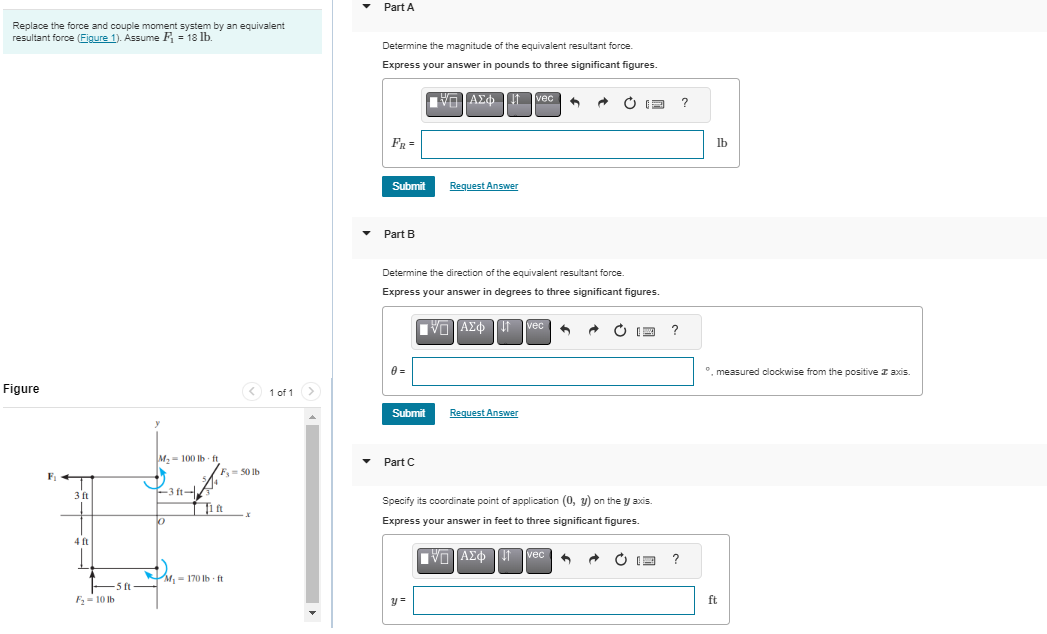 Replace the force and couple moment system by an