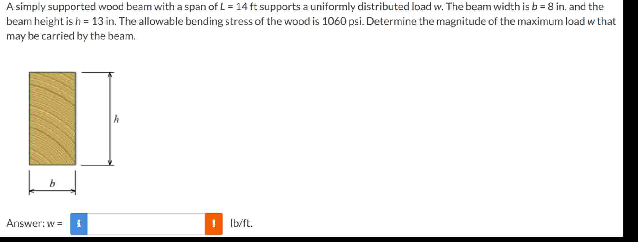 A simply supported wood beam with a span of \ ( L