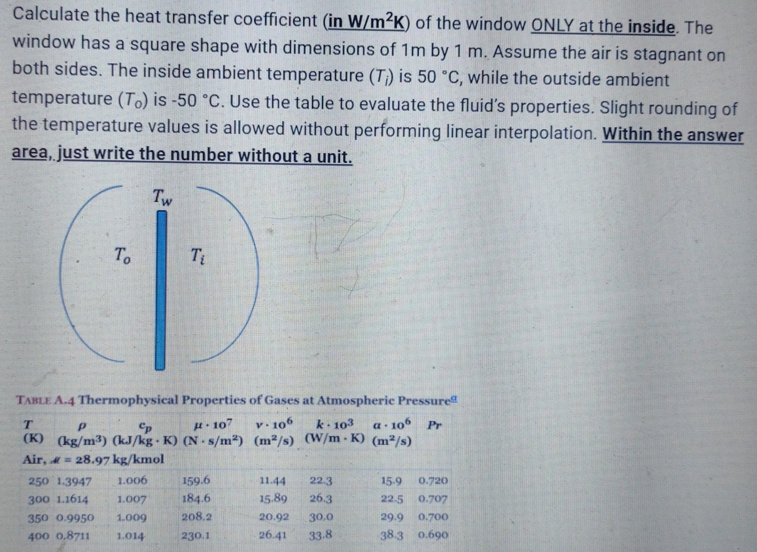 Calculate the heat transfer coefficient ( in W /