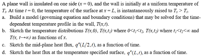 A plane wall is insulated on one side ( x = 0 ) ,