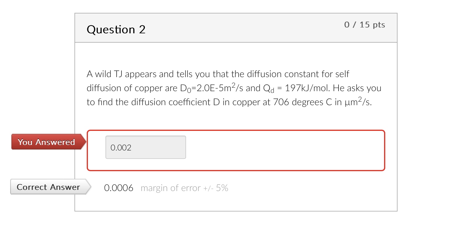 Question 2 0 / 1 5 pts A wild TJ appears and