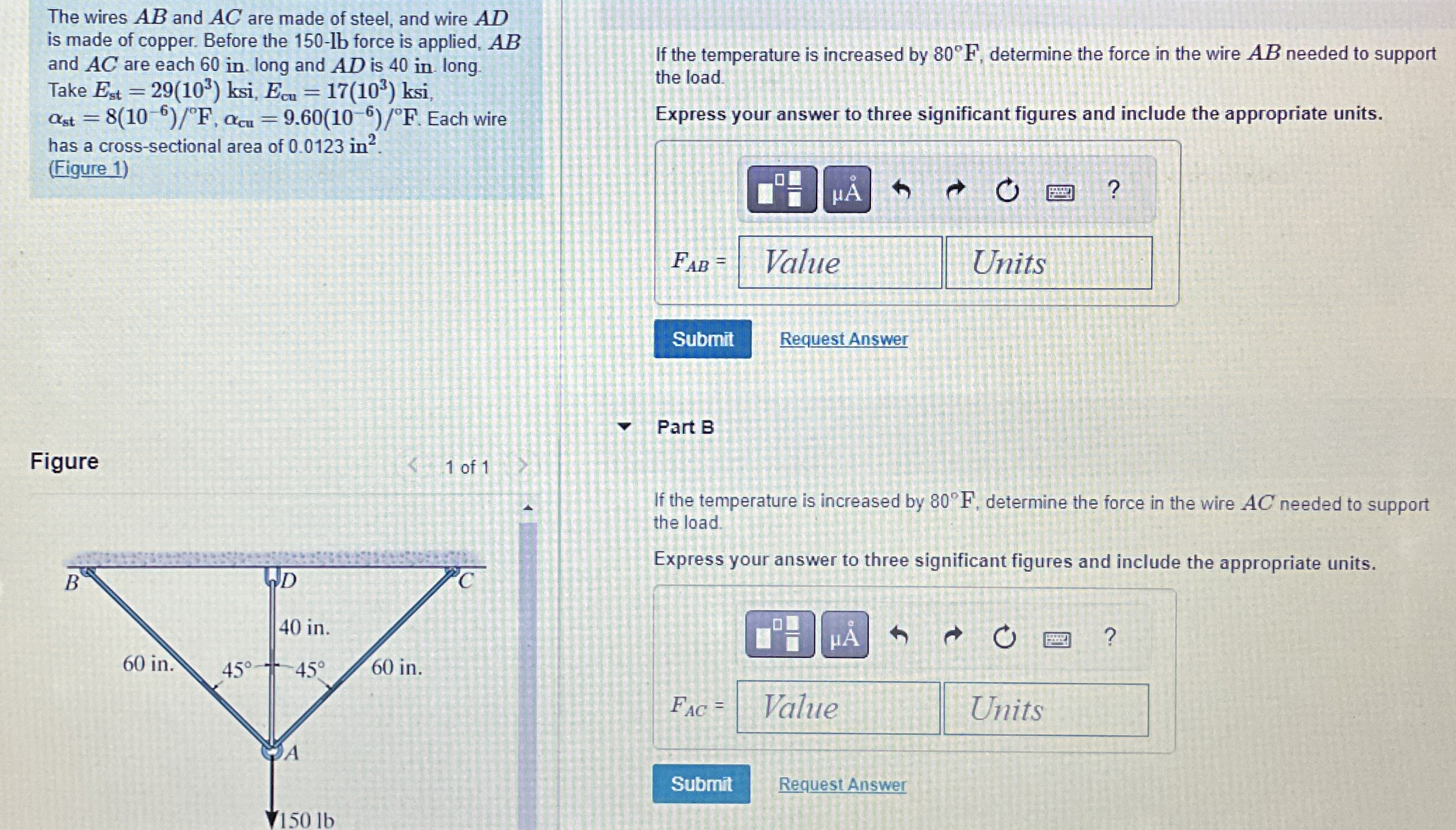 The wires A B and A C are made of steel, and wire