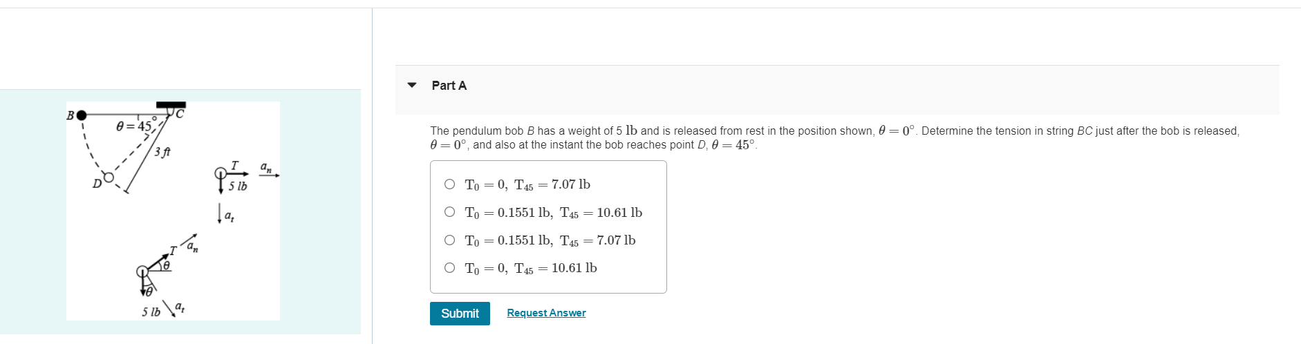 Part A The pendulum bob B has a weight of 5 lb