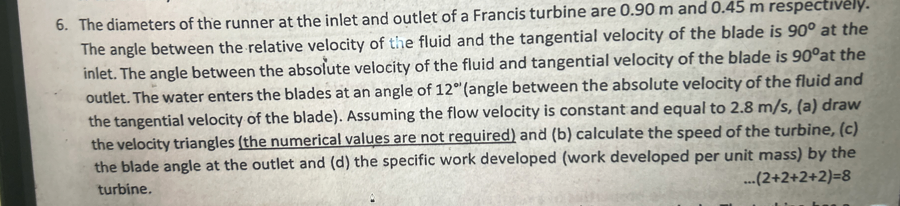 The diameters of the runner at the inlet and