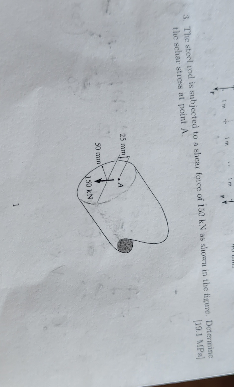 The steel rod is subjected to a shear force of 1
