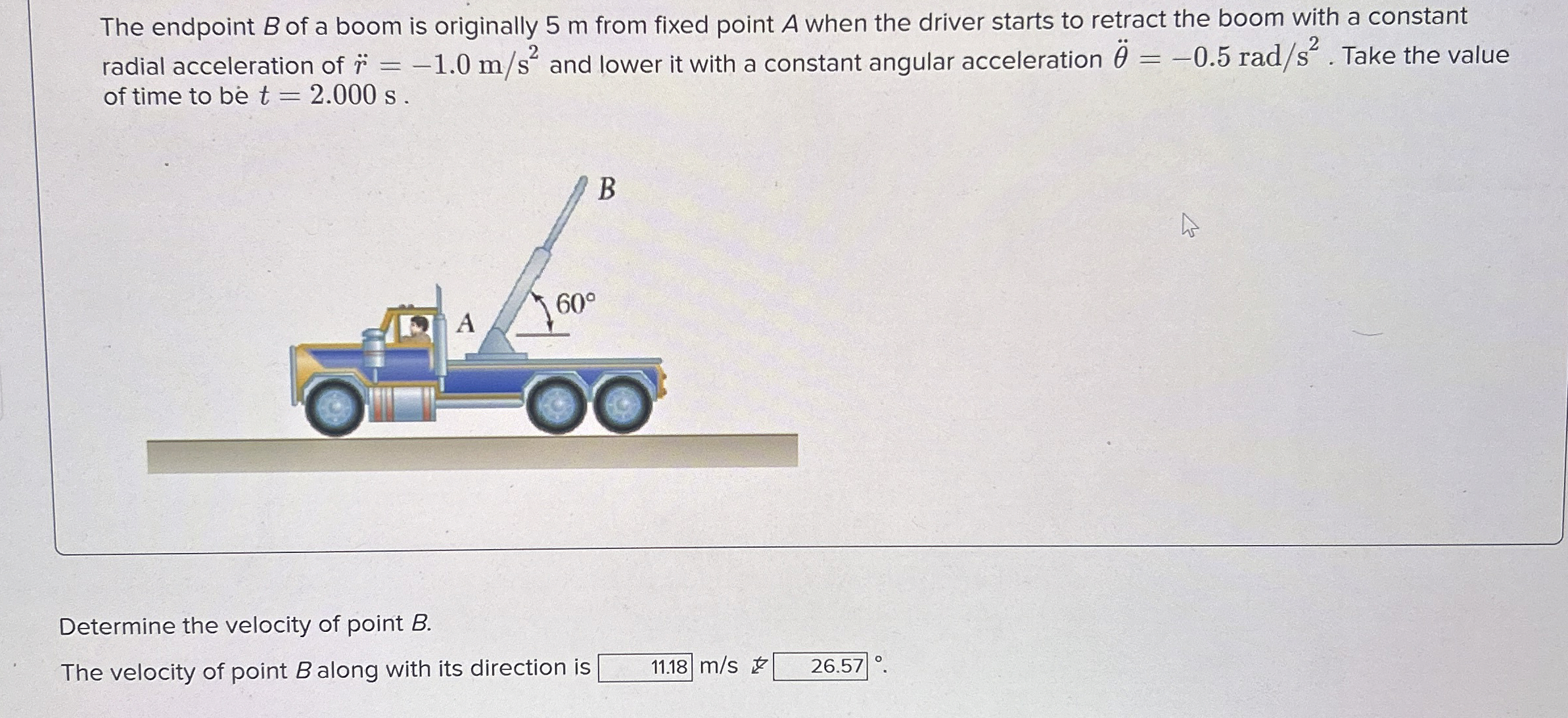 The endpoint B of a boom is originally 5 m from