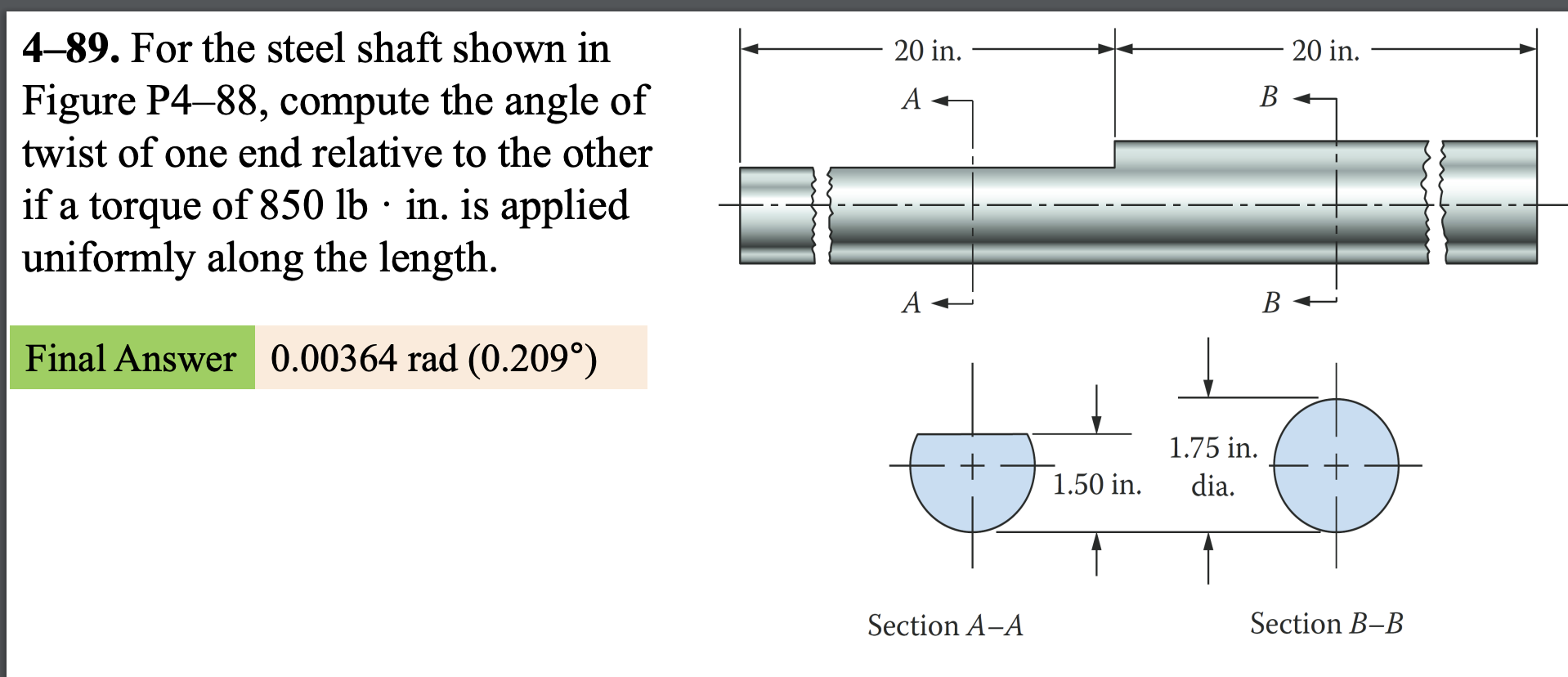 4 - 8 9 . For the steel shaft shown in Figure P 4