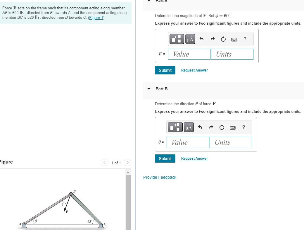 Force F acts on the frame such that its component
