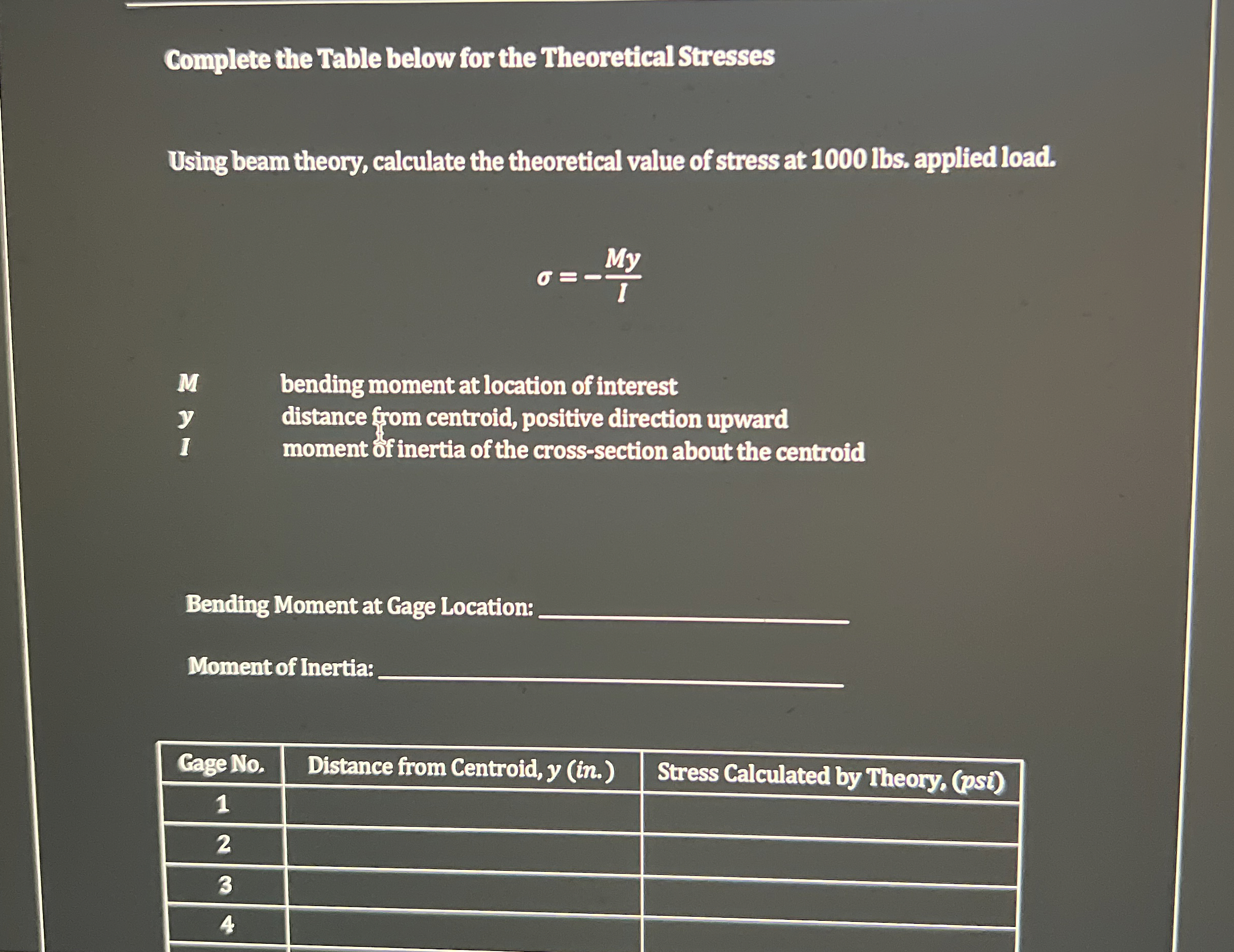 Complete the Table below for the Theoretical