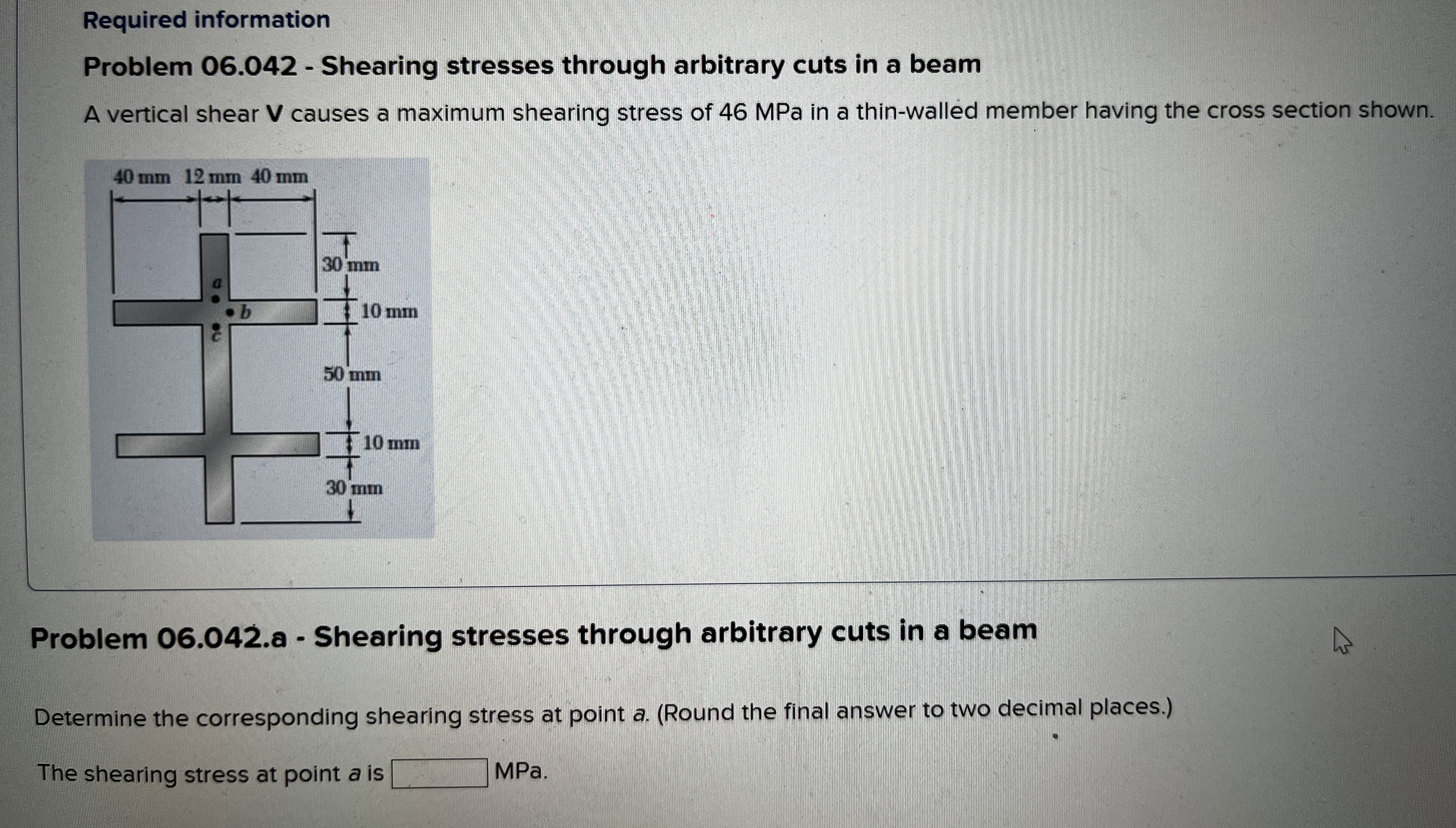 Find shearing stress at point a . Mpa.