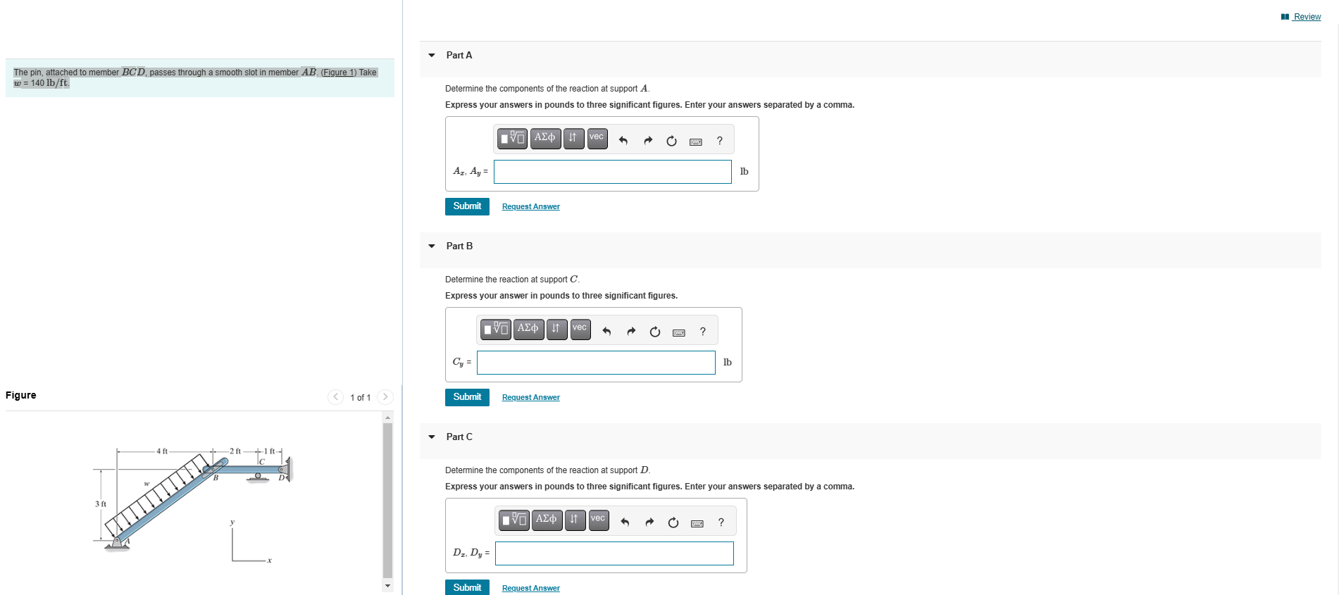 The pin, attached to member \ ( B C D \ ) ,
