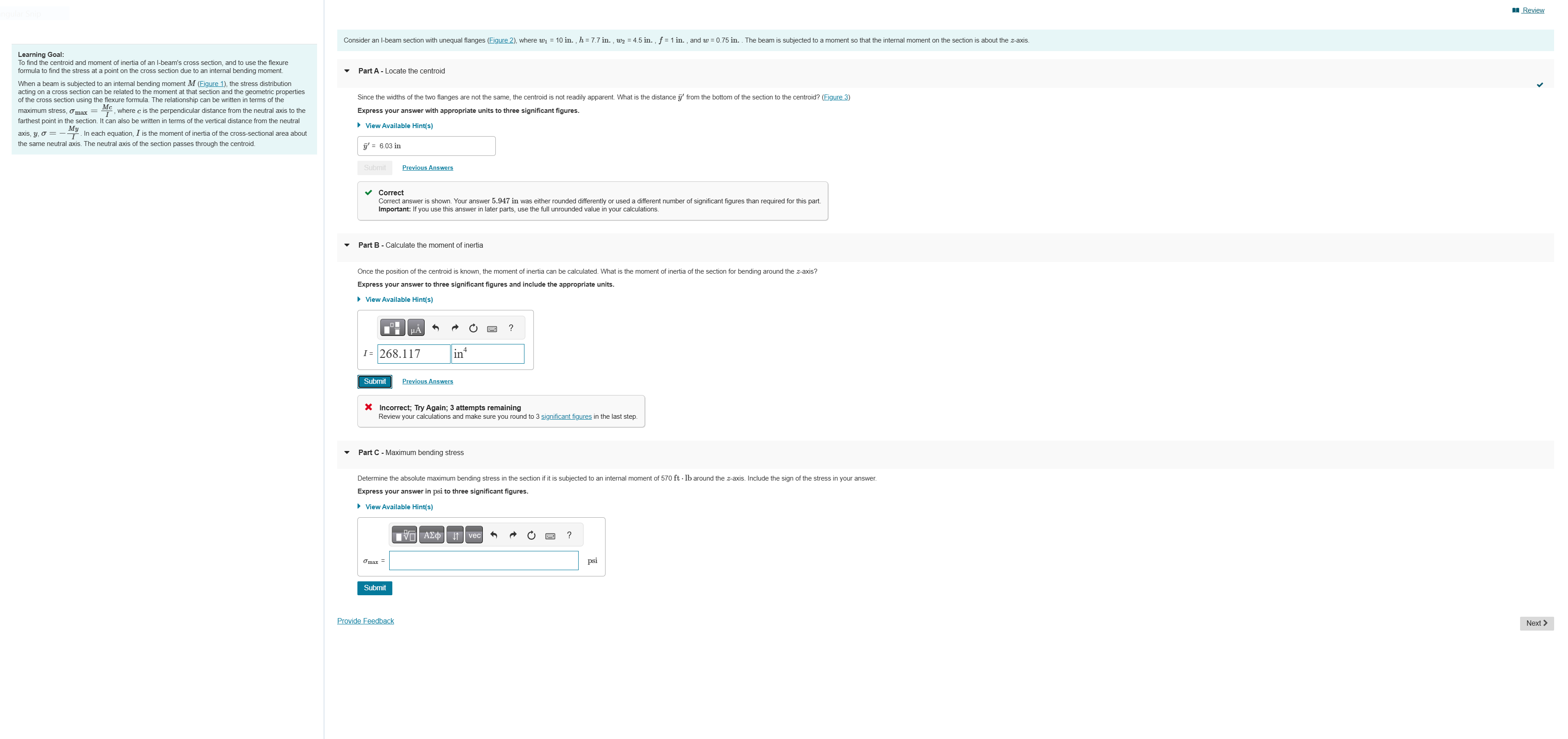 Consider an I - beam section with unequal flanges