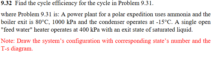 9 . 3 2 Find the cycle efficiency for the cycle