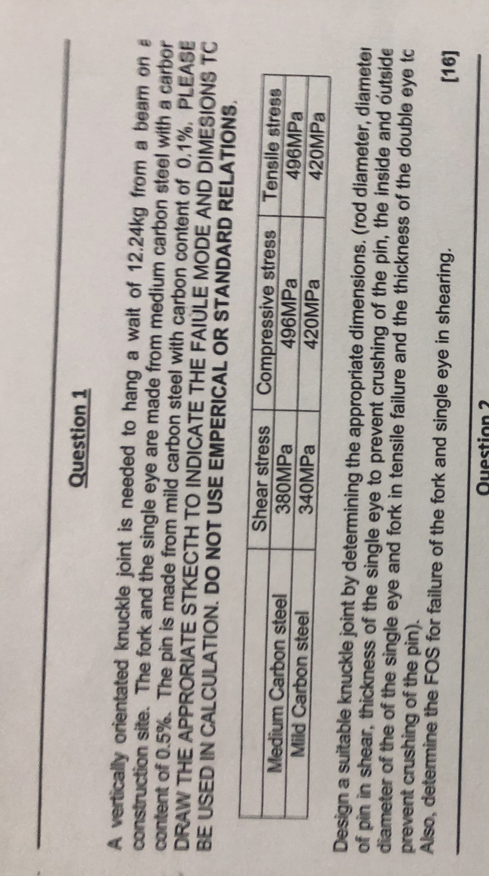 Question 1 A vertically orientated knuckle joint