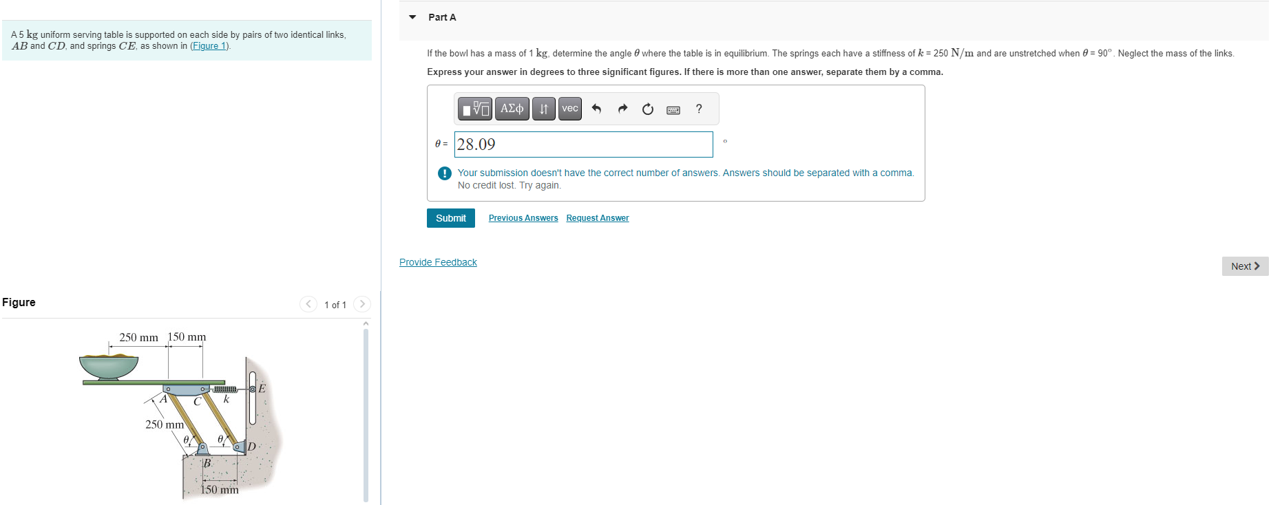 A 5 kg uniform serving table is supported on each