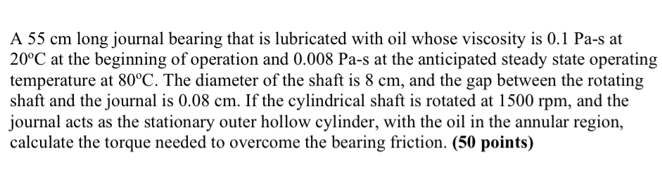 A 5 5 cm long journal bearing that is lubricated