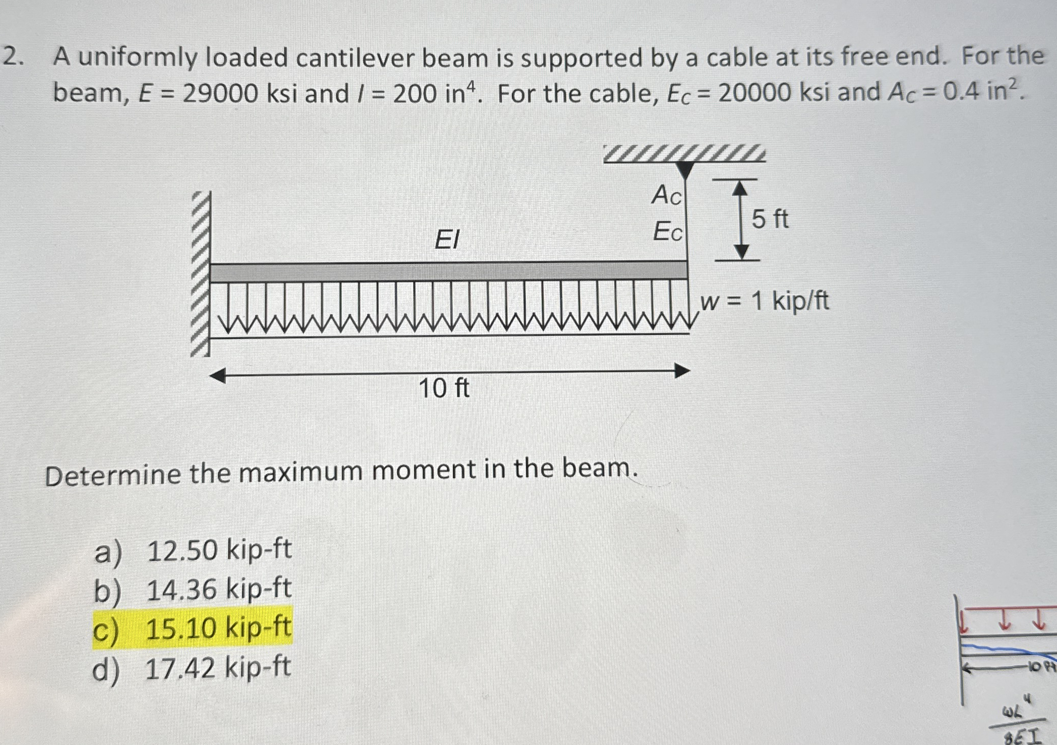 A uniformly loaded cantilever beam is supported