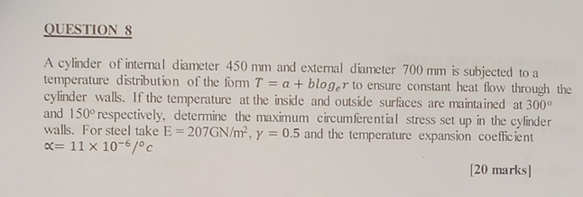QUESTION 8 A cylinder of internal diameter 4 5 0