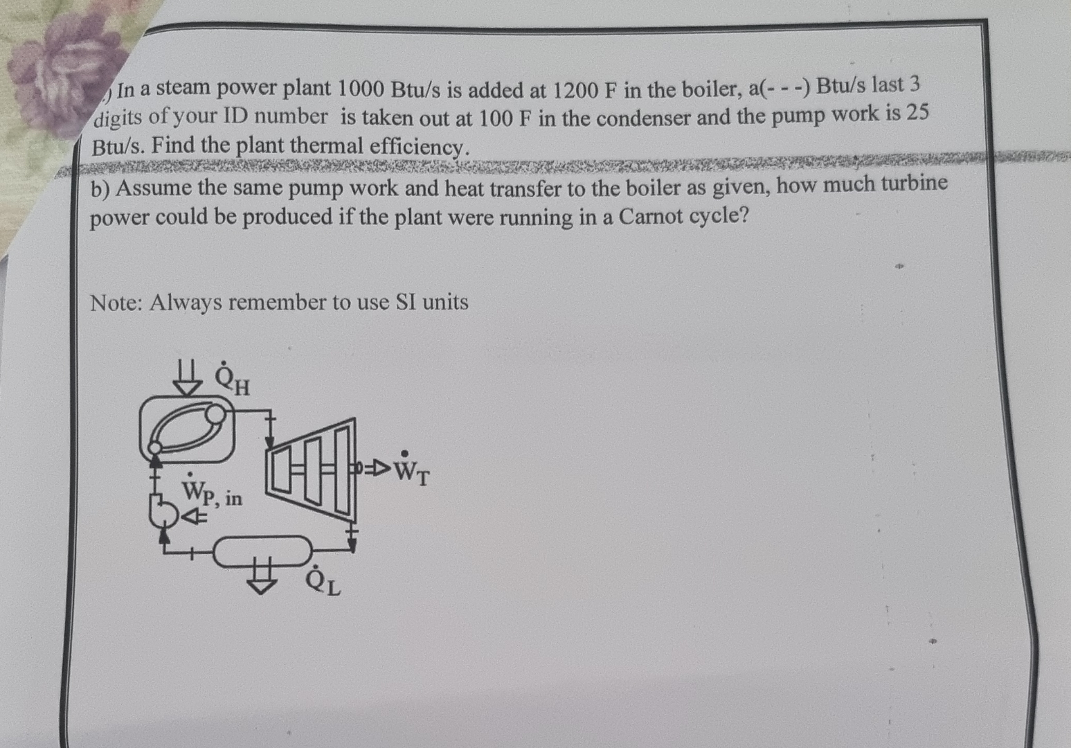 In a steam power plant 1 0 0 0 B t u s is added
