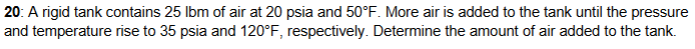 2 0 : A rigid tank contains 2 5 lbm of air at 2 0
