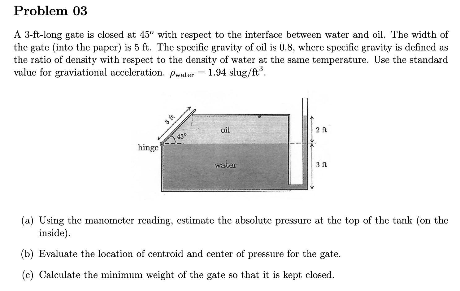 Problem 0 3 A 3 - ft - long gate is closed at 4 5