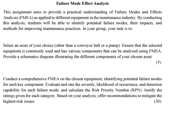Failure Mode Effect Analysis This assignment aims