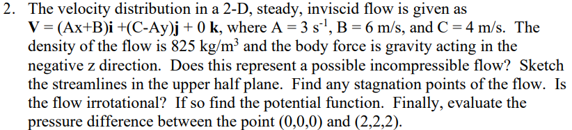 The velocity distribution in a 2 - D , steady,