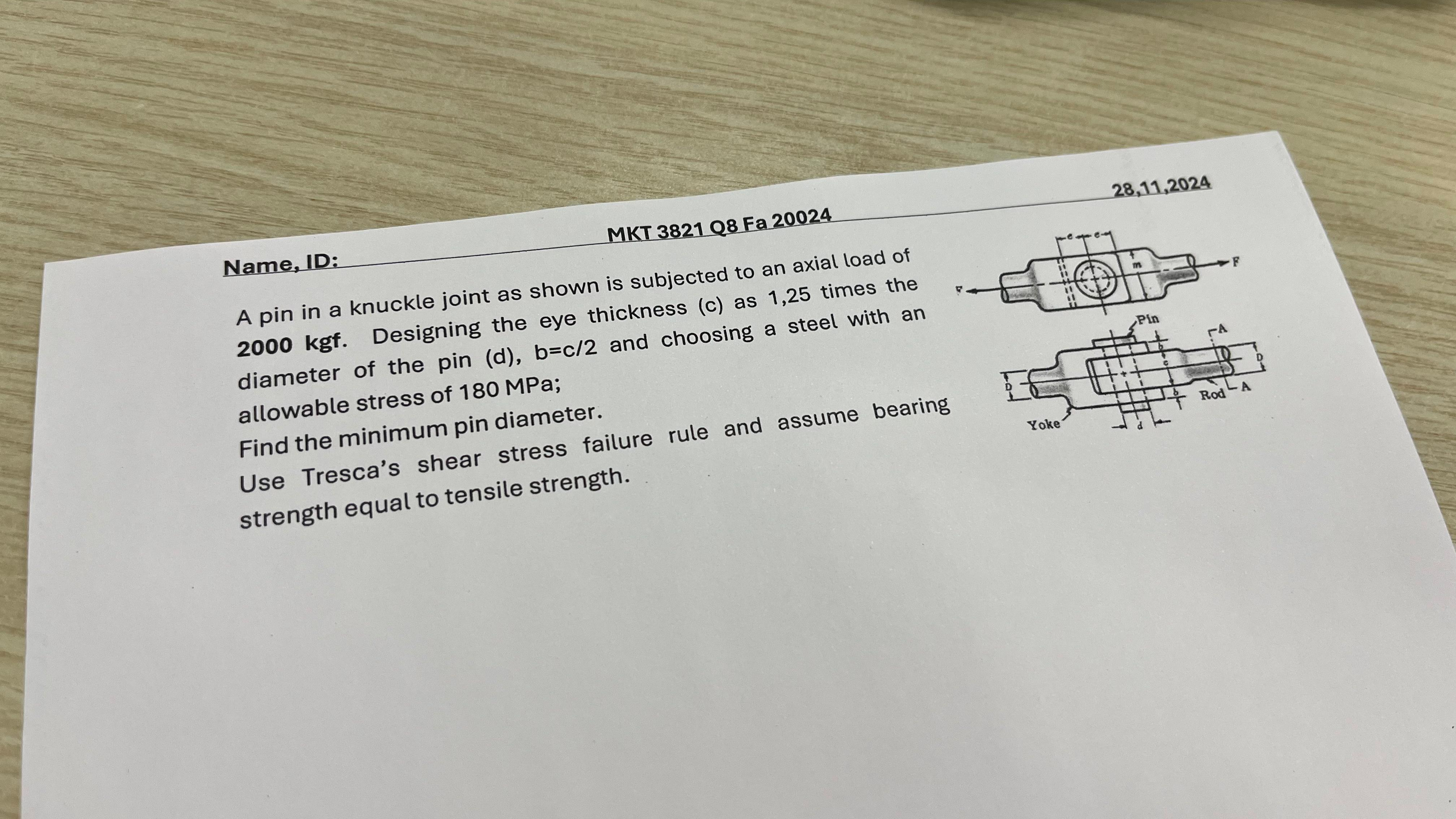Name, ID: A pin in a knuckle joint as shown is