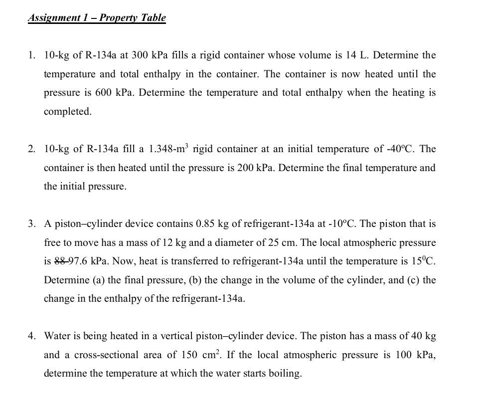 Assignment 1 - Property Table 1 0 - k g of R - 1