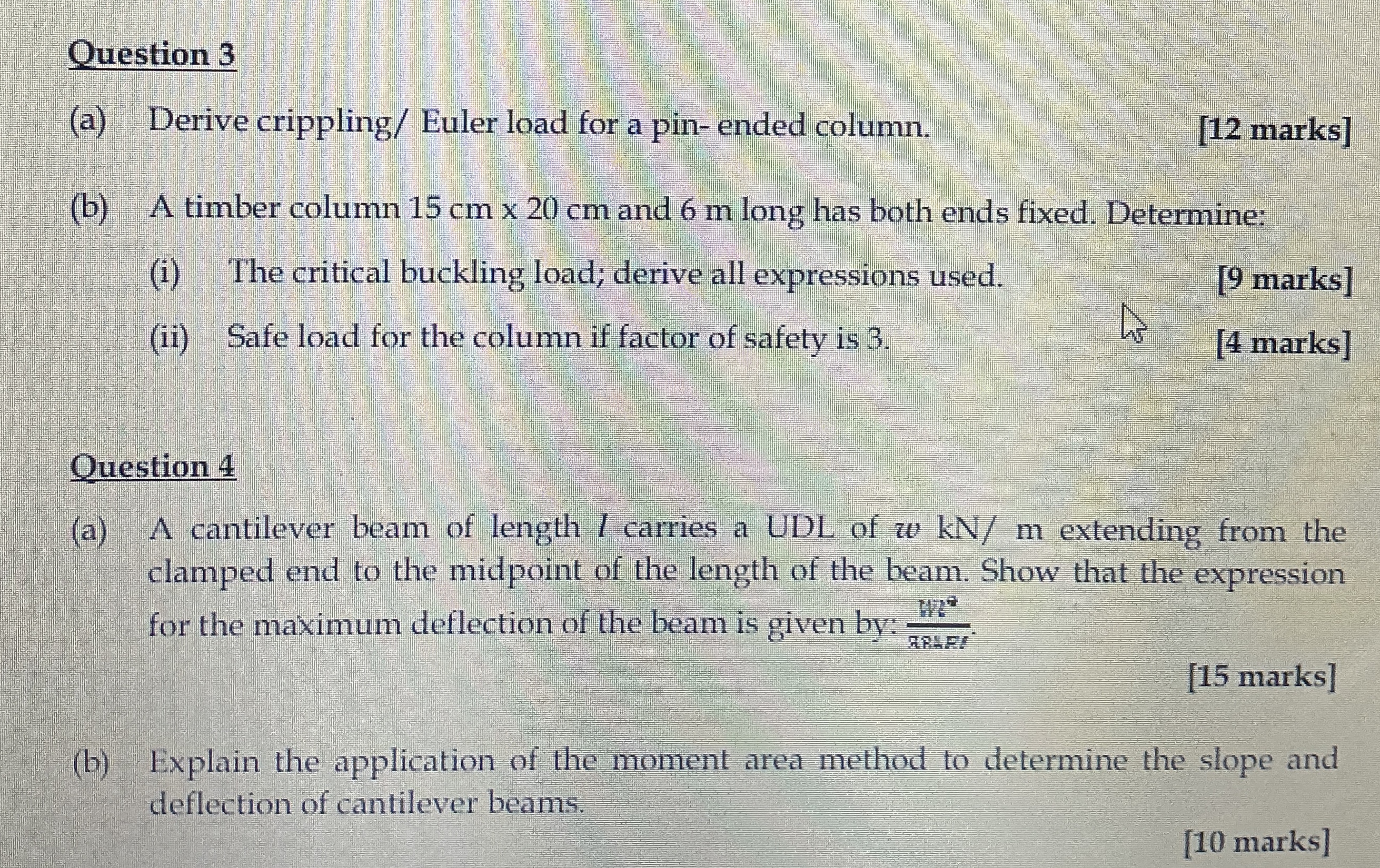 Question 3 ( a ) Derive crippling / Euler load