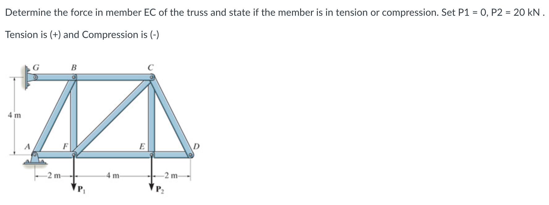 Determine the force in member EC of the truss and