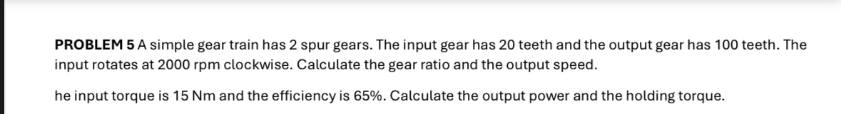 PROBLEM 5 A simple gear train has 2 spur gears.