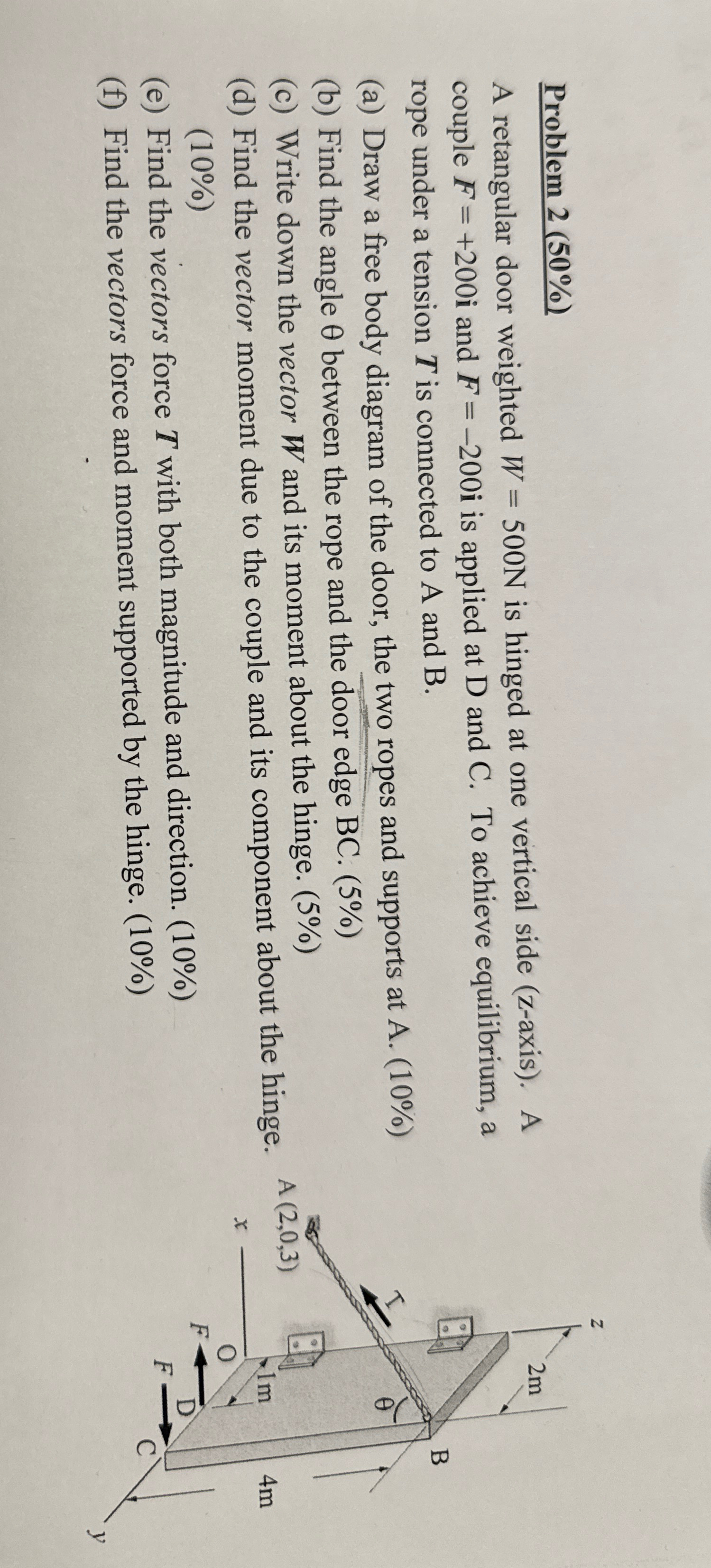Problem 2 ( 5 0 % ) A retangular door weighted W