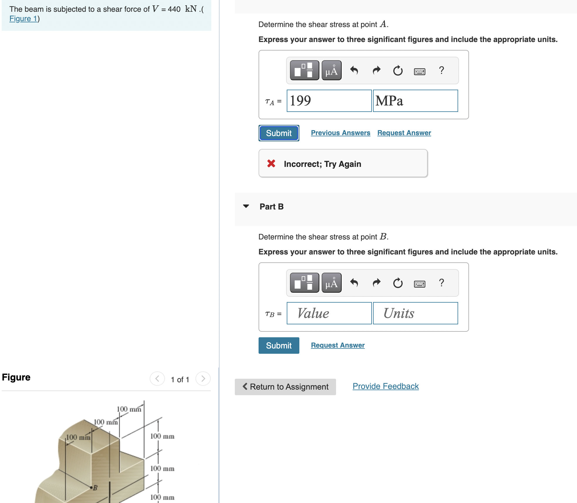 The beam is subjected to a shear force of \ ( V =