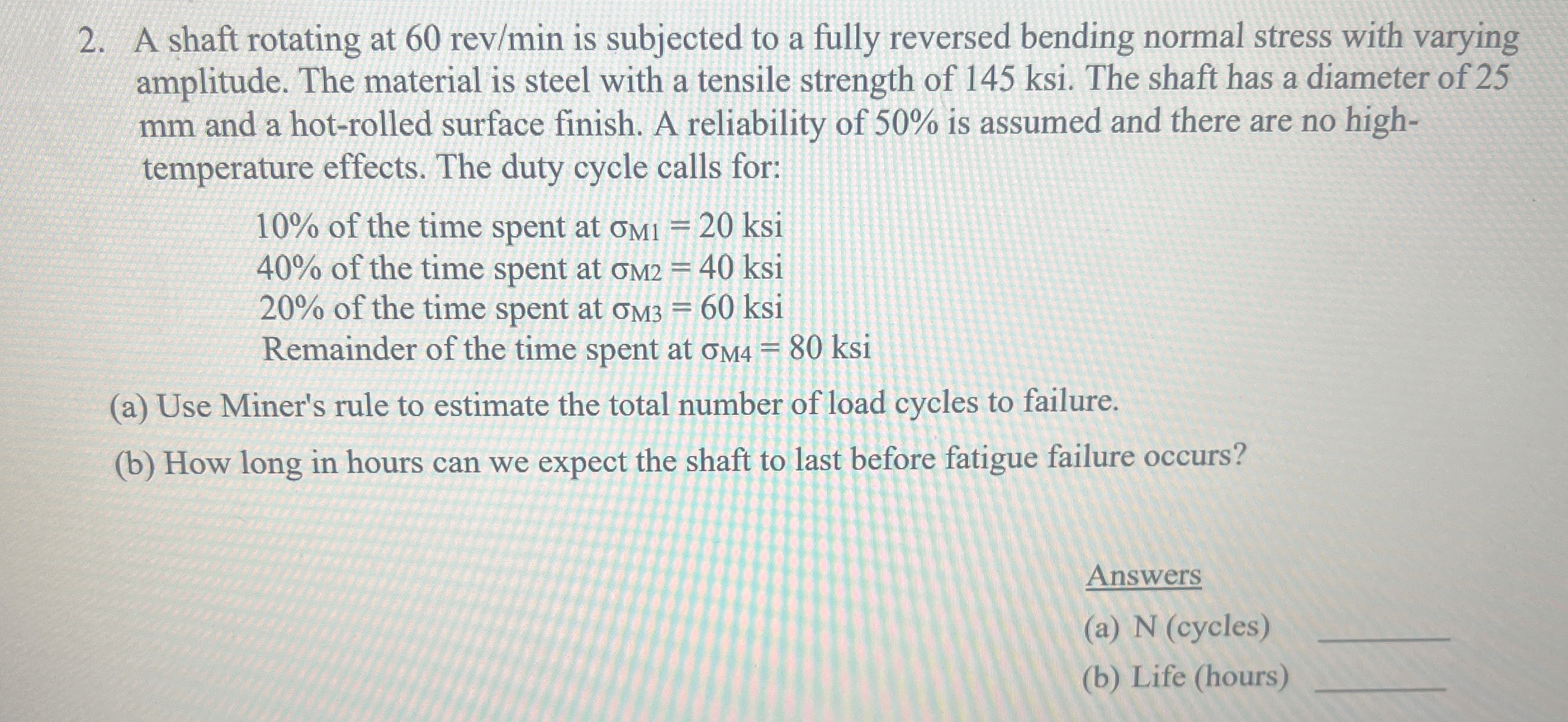 A shaft rotating at 6 0 r e v m i n is subjected