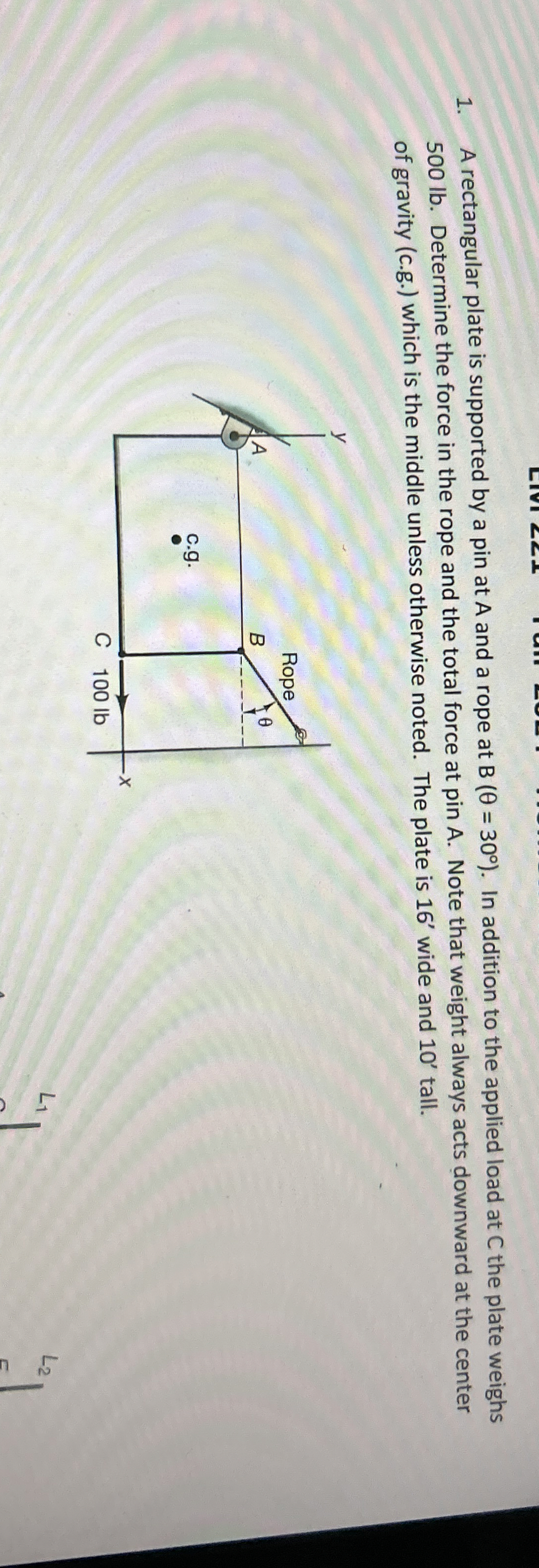 A rectangular plate is supported by a pin at A